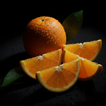 Fresh juicy orange with slices and leaves still life composition on dark background with droplets for food photography and web banner exactly