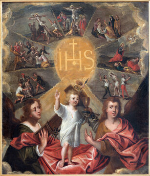 SALZBURG, AUSTRIA - SEPTEMBER 6, 2025: The baroque painting of Jesus child with the instruments of crucifixion in the chruch Loretokirche by unknown artist of 18. cent. 