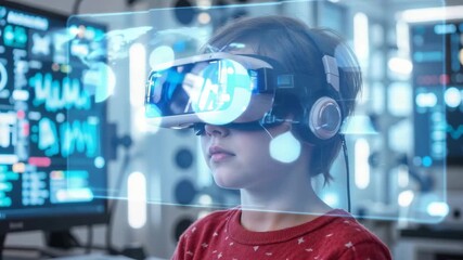 A young child wearing a futuristic VR headset in a high-tech lab. Boy experiencing an immersive holographic interface with data visualization. Future of education and technology concept - Powered by Adobe
