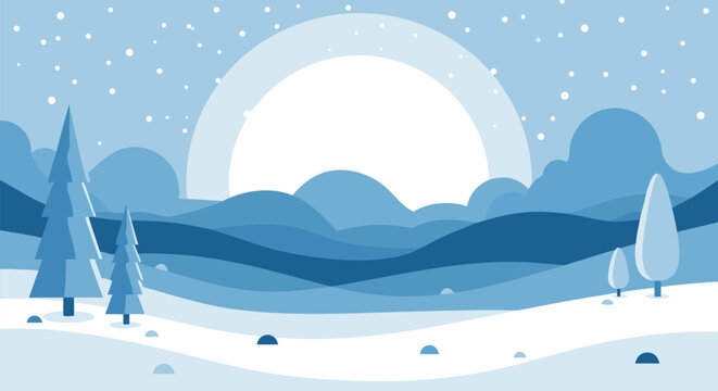 Flat Design Winter Landscape Illustration with Snow-Covered Hills, Pine Trees, and a Large Sun Against a Blue Sky with Falling Snowflakes