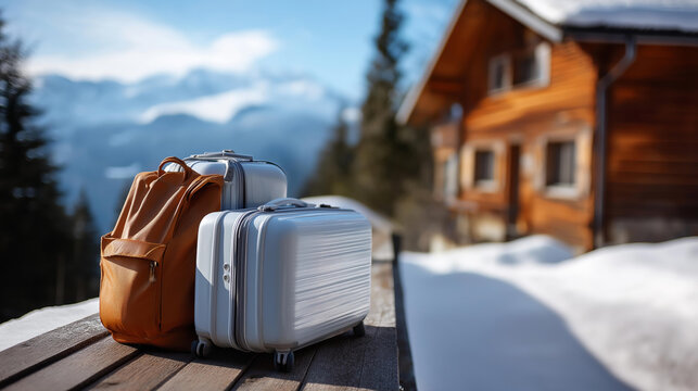 Winter travel holiday cabin with white suitcases faceless cozy chalet scene defocused snowy countryside background mountain vacation accommodation rustic forest getaway
