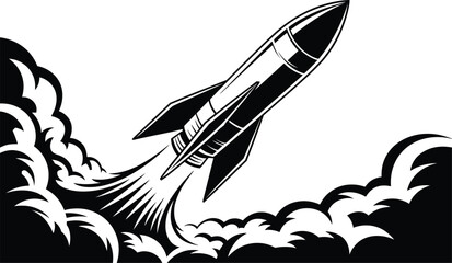 Bold monochrome graphic of a vintage rocket launching with smoke trail
