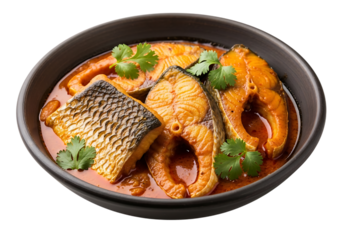 Fish curry in a bowl with fresh cilantro isolated on transparent background
