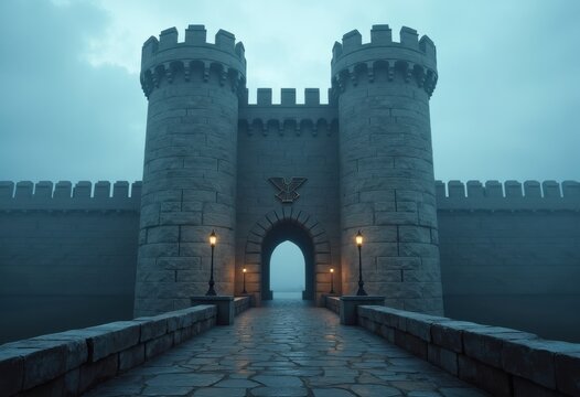 Sturdy Romanesque Fortress Imposing Thick Defensive Walls Grand Entry Gate Timeless Strength