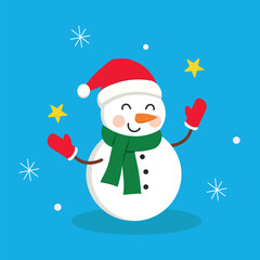 Cute Christmas Snowman in Red Hat and Green Scarf with Stars