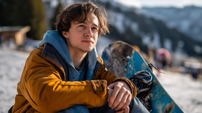 Faceless young man with snowboard sitting on slope defocused mountain vista background resting between runs snowboarder taking break winter sports pause contemplative moment
