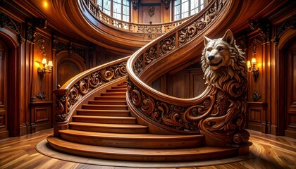 Sophisticated mansion interior featuring carved wolf staircase artistry high resolution image
