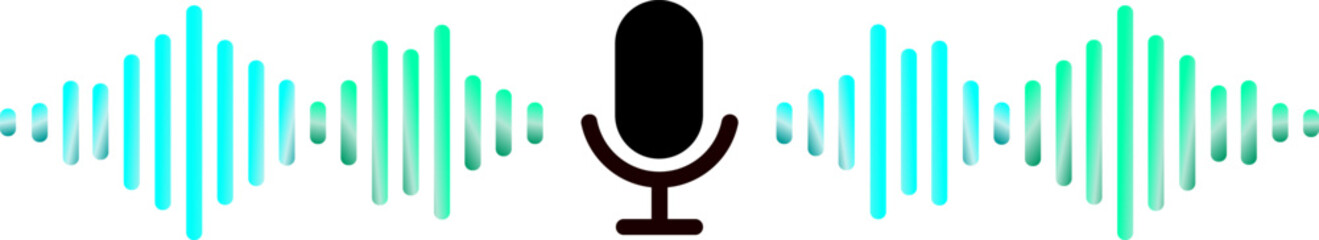 Stylized microphone icon with vibrant blue and green sound wave visualization, voice recognition concept, audio technology and digital recording; ideal for podcasting, communication 