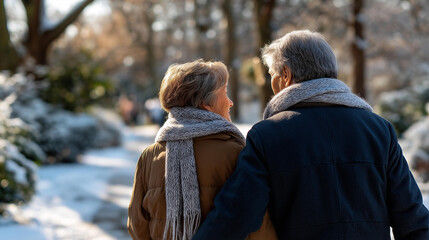 Faceless elegant senior couple walking in snowy park defocused winter landscape background during cold snowy day mature romance leisurely winter stroll with copy space