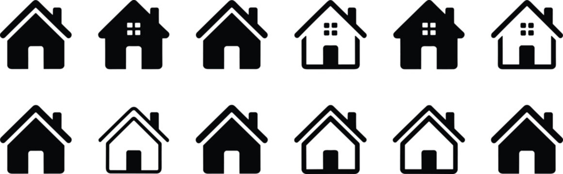 Set of home and house icons in various styles, black symbols on white background