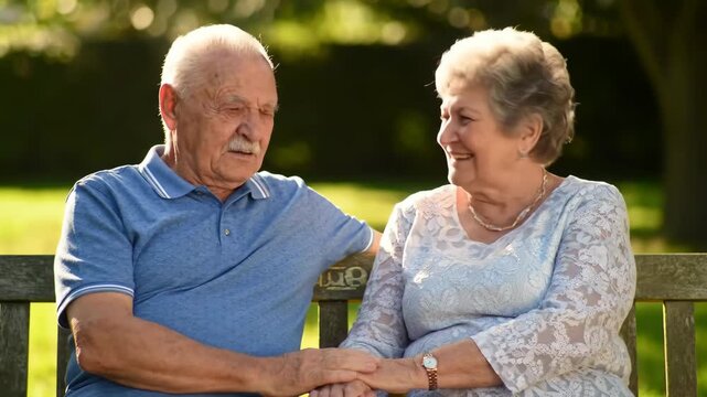 Elderly couple sitting, holding hands, smiling at each other in park; love, retirement