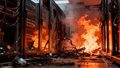 A catastrophic fire is burning intensely within a server room, devastating data racks and scattering debris.