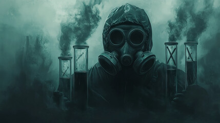 Hazardous exploration: scientist with chemical samples amidst toxic smoke for Day of Remembrance for all Victims of Chemical Warfare