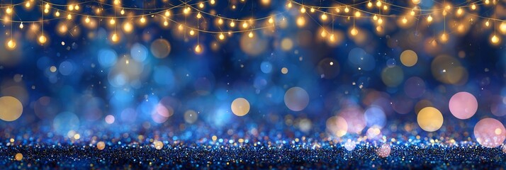 An abstract Christmas party background featuring golden glitter particles shimmering in a soft defocused bokeh effect, with warm glowing light bulbs creating a festive and elegant atmosphere. 
