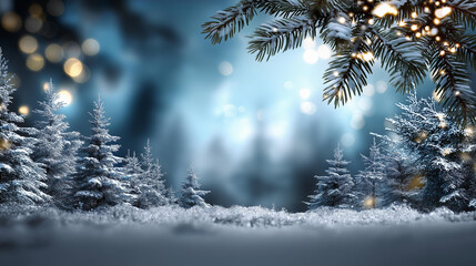 Magical Christmas card with fairy tale winter landscape faceless festive scene defocused snow covered fir trees background holiday greeting visualization enchanted winter atmos