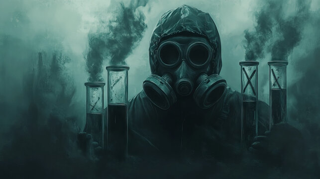 Hazardous exploration: scientist with chemical samples amidst toxic smoke for Day of Remembrance for all Victims of Chemical Warfare