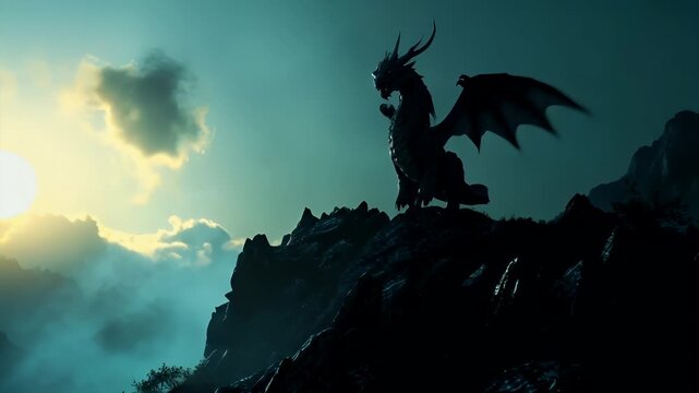 A silhouette of a dragon perched atop a rocky outcrop under a dramatic sky. The dragons wings are spread wide, revealing intricate patterns and textures. The sky is a mix of soft blues and whites.