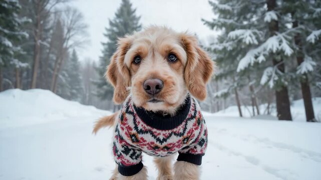 A cute puppy in a sweater stands on a snowboard in the snow. Funny cocker spaniel dog dressed for cold winter weather in a forest. Adorable pet portrait with a slow zoom