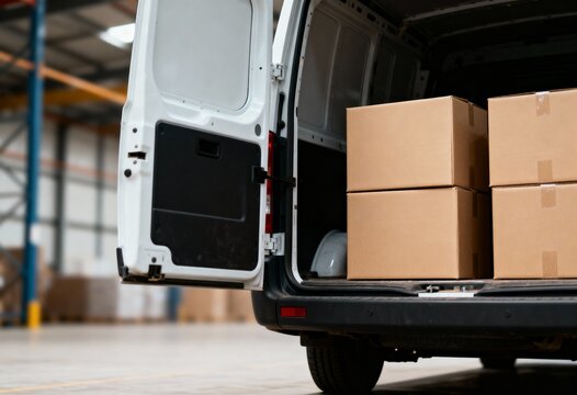 Cargo van with open rear doors filled with stacked shipping boxes, parked inside a large warehouse.