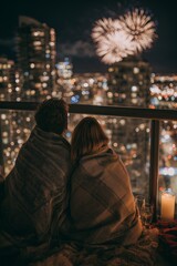Fototapeta premium Couple wrapped in shared blanket on balcony hold champagne glasses watching fireworks burst over city skyline. Magical New Year's midnight toast, romantic celebration vibe.