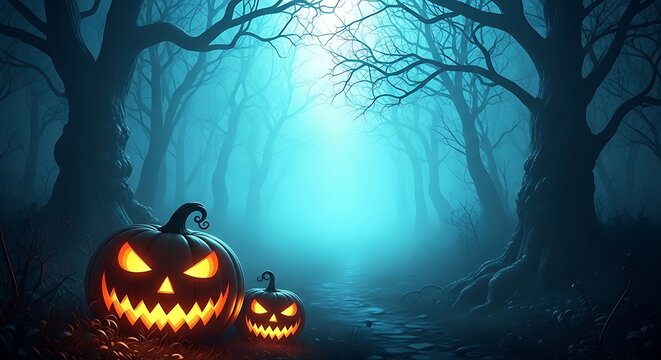 Two glowing jack-o'-lanterns in a foggy forest path