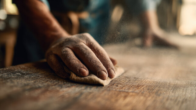 Woodworker sanding smooth surface of handcrafted furniture, detailed textures and dust in light, tactile realism