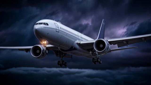 Airplane approaches runway amid dramatic stormy skies and intense lightning flashes over the landscape
