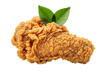 Crispy fried chicken drumstick with leaves isolated on transparent background