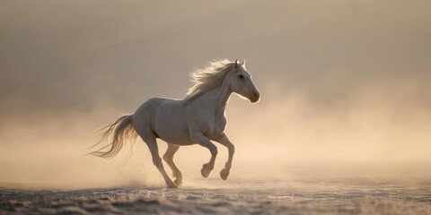 Fototapeta premium White horse galloping through snowy field at golden winter sunrise with flowing mane and misty frost. Majestic freedom run, inspiring cold season dawn vibe full of power and serenity.