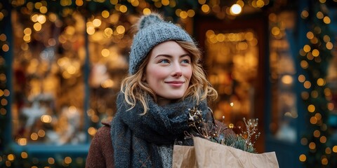 Smiling young woman in gray pom-pom beanie and scarf holding paper bag with Christmas greenery amid golden bokeh lights. Joyful holiday shopping stroll, warm festive winter market vibe.