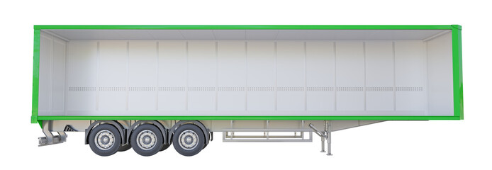 Green standard dry van trailer without a side panel, Isolated on a transparent background. 3d illustration © Orange Dragon Studio