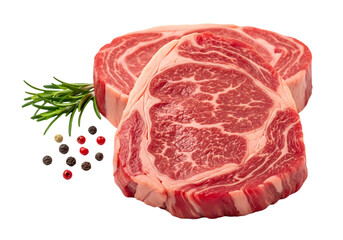 Fototapeta premium Raw beef steaks with peppercorns and rosemary isolated on transparent background