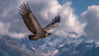 Fototapeta premium Soaring bird of prey against a blurred mountain backdrop and cloudy sky