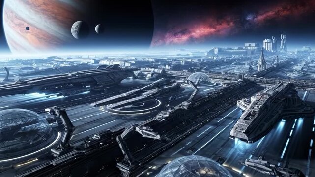 Wide angle shot of a futuristic spaceport or military base with warships and advanced buildings under alien planets