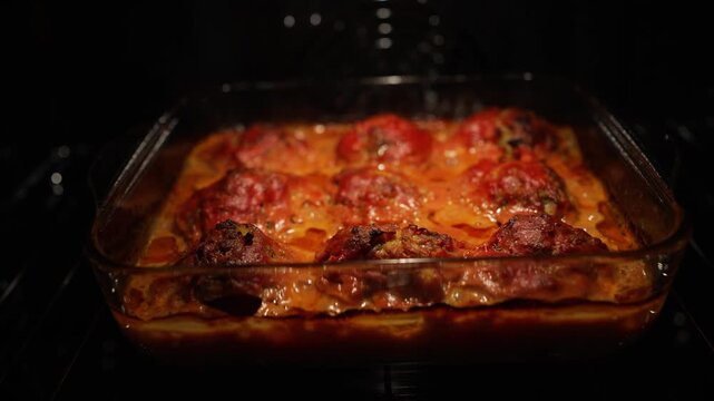 Delicious meatballs made from scratch simmering in a flavorful tomato sauce, baking in a clear dish in a preheated oven. Nutritious meal being prepared with care, perfect for a cozy family dinner
