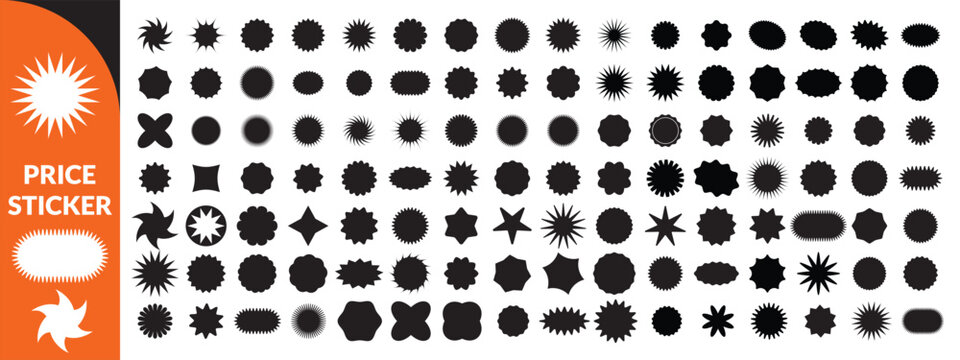 Set of price sticker, sale or discount sticker, sunburst badges icon. Zig zag wavy edge rectangle, oval, circle stickers set. Vector illustration big set design 