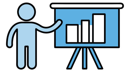 A stylized person giving a presentation on a blue chart displaying financial growth.