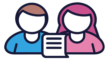 Two stylized figures, a man and a woman, holding a document.