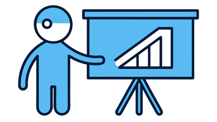 A blue stylized figure points to a presentation board showing an upward trending graph.