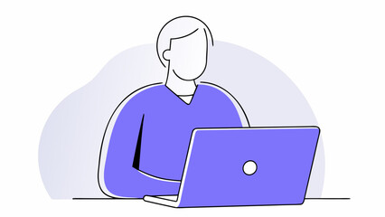 Faceless person sitting at a laptop, working or browsing, in a simple, modern, illustrative style.