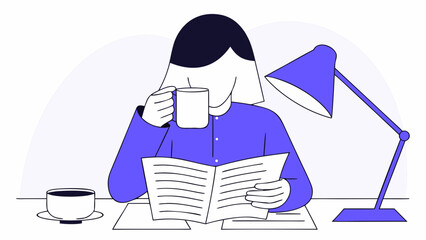 Woman reading a newspaper while drinking coffee at a desk with a lamp.