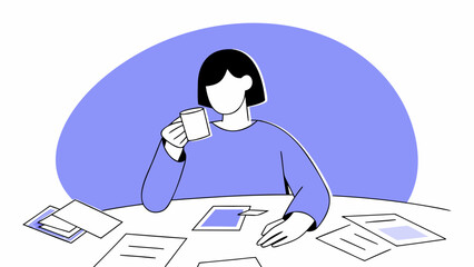 A person sits at a table, drinking coffee, surrounded by documents.