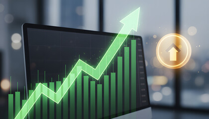 Dynamic financial growth chart showing upward trend with glowing arrow and coin icon