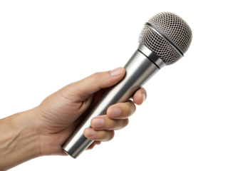 Hand holding a silver microphone with a mesh head, cutout, PNG isolated on transparent background