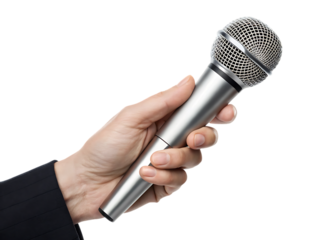 Hand holding a silver microphone with a mesh grille and black accents, cutout, PNG isolated on transparent background