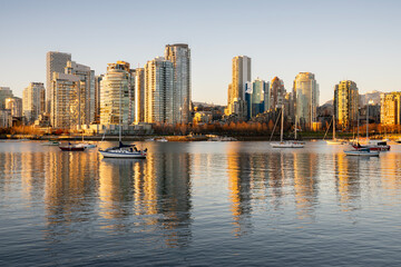 Fototapeta premium False Creek Anchorage Yaletown. A False Creek evening of reflections in Vancouver. British Columbia, Canada. 