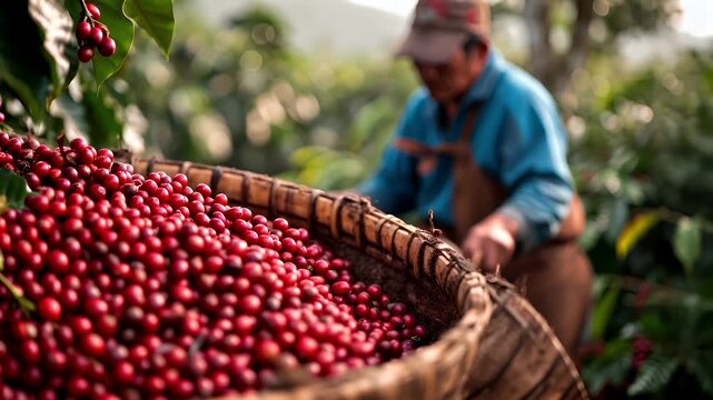 A closeup shot of a man in a blue shirt and brown apron picking coffee cherries from a tree. He is wearing a baseball cap and is in the process of sorting through the cherries.