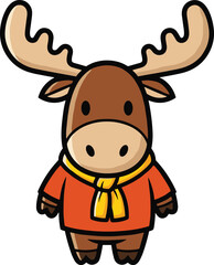 Cute cartoon moose wearing orange sweater and yellow scarf, adorable winter animal character, forest wildlife illustration, vector art design