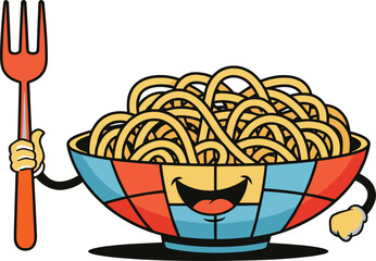 Funny cartoon bowl of spaghetti smiling with fork, delicious pasta mascot character illustration for food design concept
