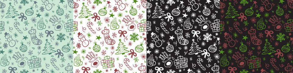 christmas, hand drawn, snowman, ornament, reindeer, tree, christmas tree, bow, snowflake, candy cane, candy, christmas candy, decoramtion, seamless pattern, hand drawn seamless pattern
